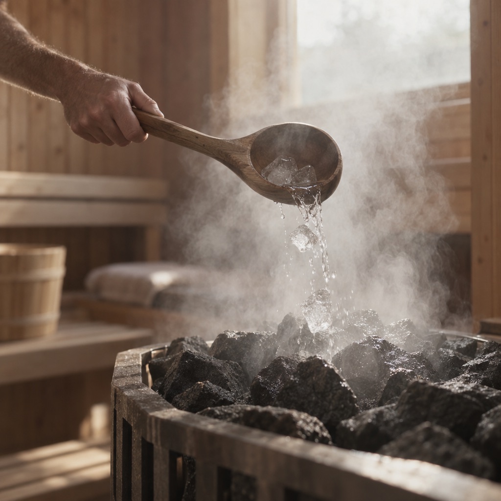 A sauna master pours water and ice from a ladle over hot stones in the sauna as steam rises