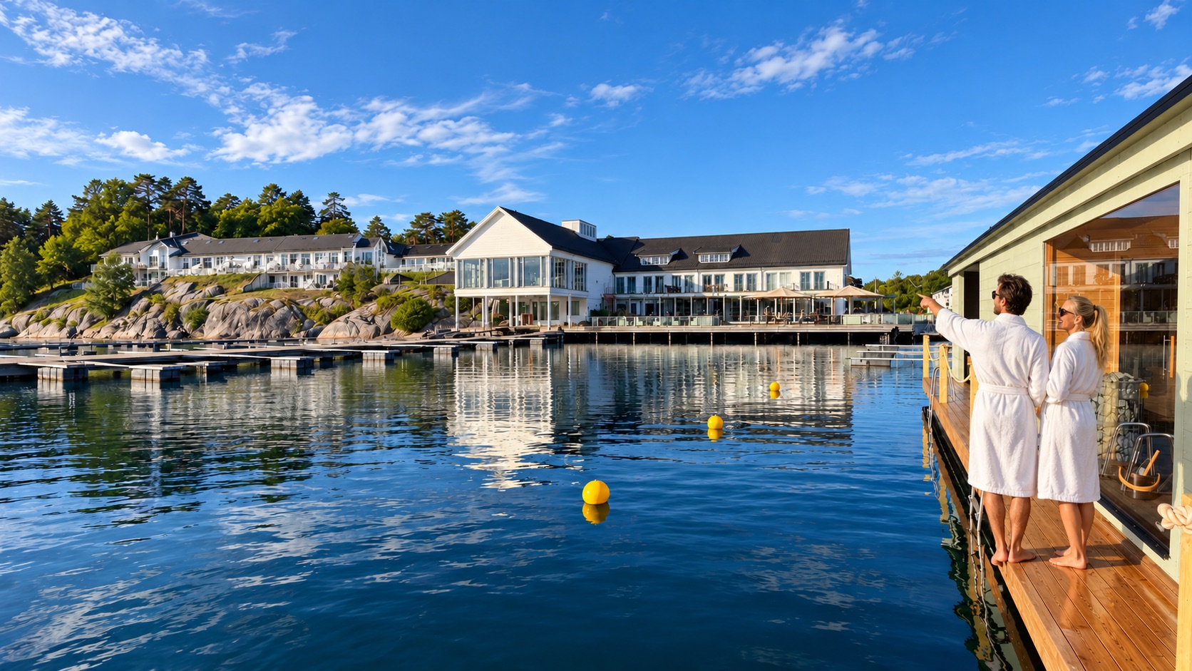 To gjester i badekåpe på badstuflåten med utsikt mot hotellet